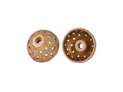 Två slipverktyg med hål och kornig yta.