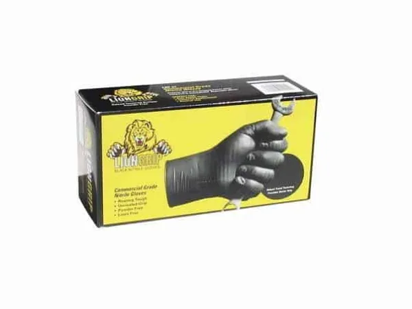 Förpackning med Lion Grip nitrilhandskar svart