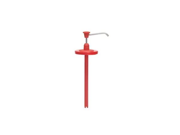Röd handpump med lång pip.