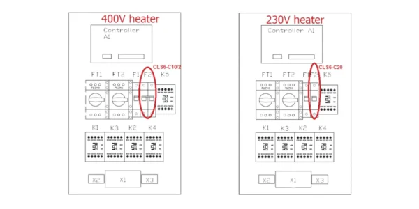 Schema över värmare, 400V och 230V