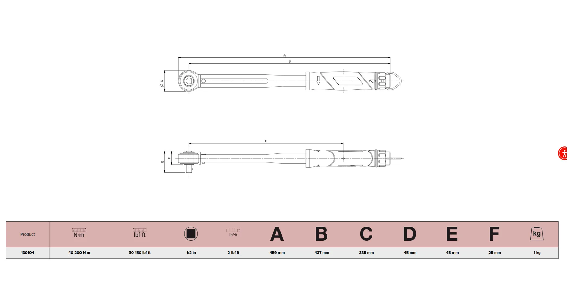 Teknisk ritning av momentnyckel med specifikationer.